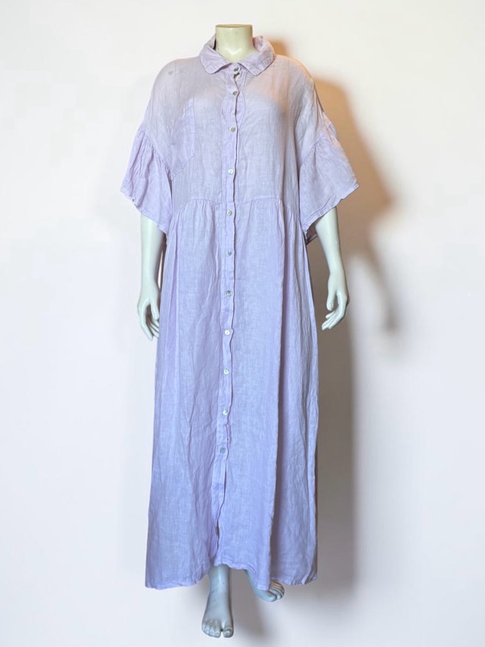 Lemonwood Italian Linen Maxi Shirt Dress – One Size – Lavender  Button-Front